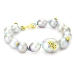   Fairytale 18 Karat Gold South Sea Pearl and Silk Flower Bracelet
