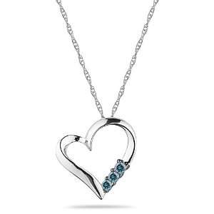  10k White Gold 3 Stone Blue Diamond Heart Pendant (0.10 