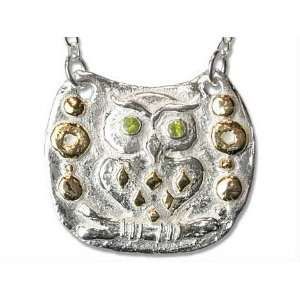 com Two Tone (Silver and Rose Gold) Tribal Owl Necklace with Peridot 