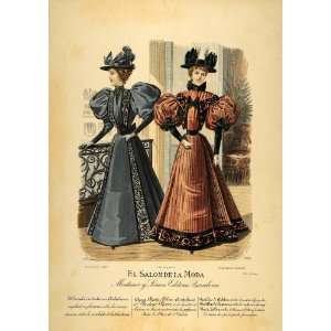  1895 Lithograph Victorian Lady Fall Dress Hats Costume 