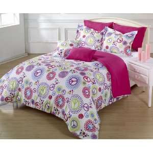 Pieces Multi Colored Peace Sign White Duvet Cover Set Queen or Full 