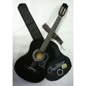  38  BLACK Acoustic Guitar w/ Scroll Pick Guard, Carrying 