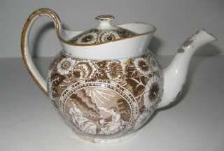 Antique Salopian Pearlware Brown Transferware Teapot  
