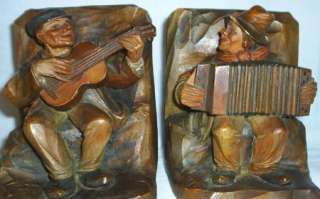 VINTAGE ANRI WOODCARVING BOOKENDS MUSICIANS PAIR  