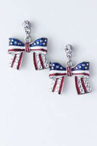   Flag Clear Rhinestones Patriotic Bow Shape EARRINGS Silver Trim  