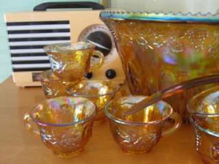   Carnival Glass Grapes Punch Bowl Set Cups Ladle Opalescent Amber