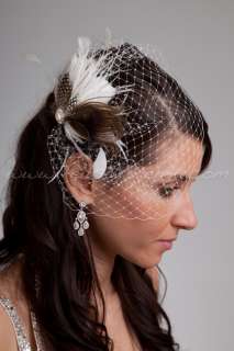 Bridal Veil Set, 7 Mini Bridal Birdcage Veil with Autumn Feather 