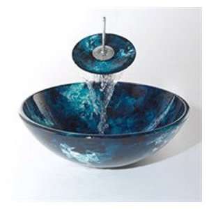 Blue Round Tempered glass Vessel Sink With Waterfall Faucet, Mounting 