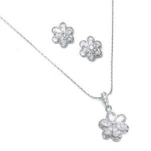   Flower with Oval CZ Bridal or Bridesmaid Necklace Set Jewelry