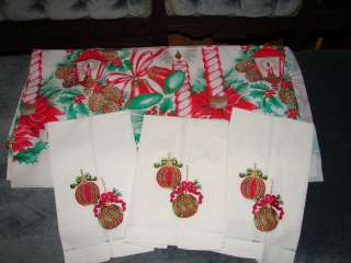 Vintage Christmas Tablecloth With Three Napkins Ornaments  