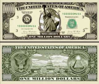 Miss Liberty Fake Novelty One Million Dollar Bill  
