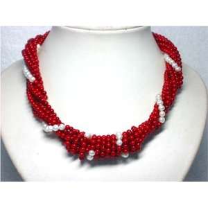  7 Rows Red Coral & Pearl Necklace 