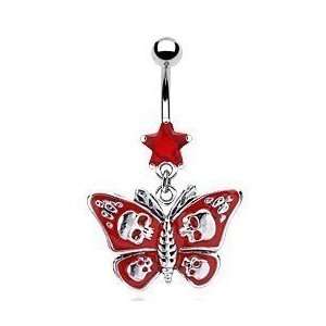  Dangling Red Skull Butterfly Belly Button Navel Ring Dangle 