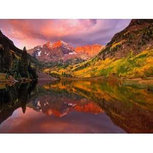 Maroon Bells Reflected on Maroon Lake at Sunrise, White River National 