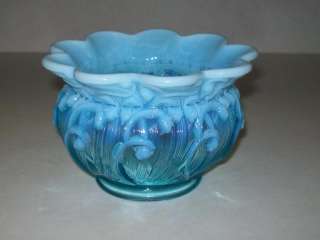 FENTON ART GLASS BLUE OPALESCENT LILY OF THE VALLEY ROSE BOWL VASE 