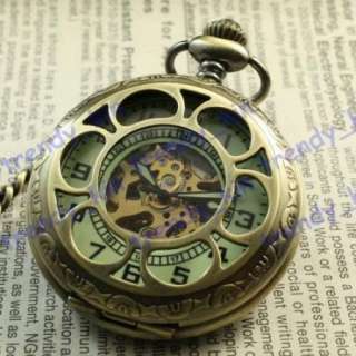 Glow in the dark Flower Brass Mechanical Pocket Watch  