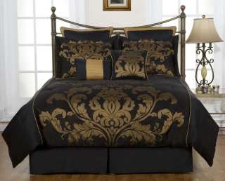 8pcs Black Gold Jacquard Floral Comforter Set Bed in a bag Queen Size 