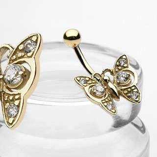 14GA 3/8 14K Solid Yellow Gold Butterfly Navel Ring with Clear CZ 