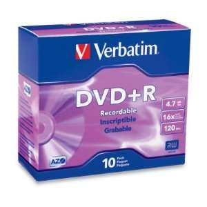  Verbatim DVD+R, 4.7GB, 16x, 120 min, Branded, 10/PK 