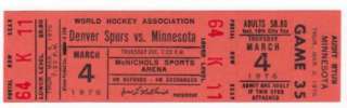 1976 WHA Minnesota Fighting Saints @ Denver Spurs Ticket  