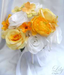 rosebud accented with yellow hydrangeas decorated with white satin bow