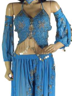 Gorgeous Hand Crafted beaded 5 PC set Blue Belly dance Top (Choli or 