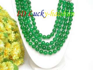   8mm 4row round healthy green jade bead necklace 925 silver clasp j7818