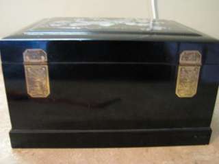  LACQUER Asian MOTHER OF PEARL INLAY Jewelry Box BRASS FISH LOCK Music