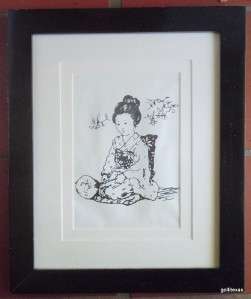 Vintage Pen and Ink Drawing Framed Japanese Lady 10x12  