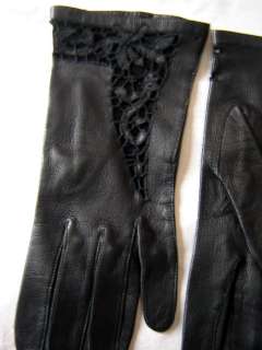 Beautiful Vintage Black Kid Leather Lace Gloves Size S  