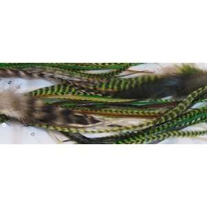  Real Hair Extensions   3 Green Grizzly Rooster Feathers 8 