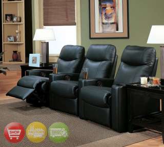  Theater Seating Row of 3 Black Leather Reclining Seats Cup Holders