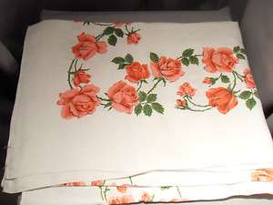 Vintage Large Linen Tablecloth with Red Roses  