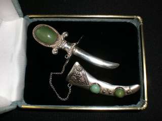   Brooch / Pin STERLING SILVER 3.5 inch MEXICO GREEN TURQUOISE  