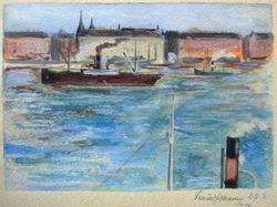 Watercolor. Copenhagen Harbor. Signed and dated 1944  