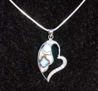 Abalone Shell Heart & Rhinestone Pendant & Silver Chain  