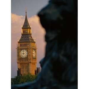 Big Ben and Lion Statue on Trafalgar Square, London, England Stretched 