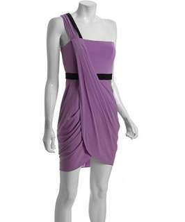 BCBGMAXAZRIA violet stretch Mila draped one shoulder dress