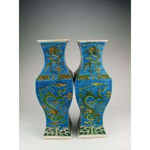 colored Porcelain Gu shaped Vases with Dragon Pattern, Chinese Antique 