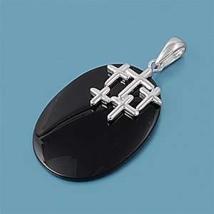   Silver Oval Black Onyx w/ Crosses Bail Attached Pendant Jewelry