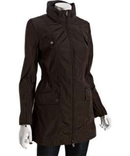 Laundry by Shelli Segal chocolate smocked zip hooded packable raincoat 