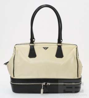 Prada Beige Nylon Black Leather Trim Zip Around Handbag  