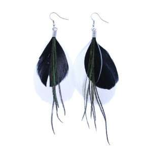 Black and White Natural Feather Earrings with Peacock Feather Accent 