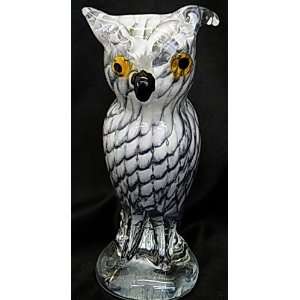   Blown Grey White Glass Owl Paperweight 