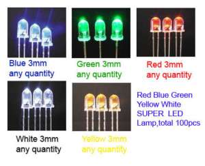 50 X 3mm Red Blue Green Yellow White LED & resistors  