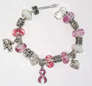   Breast Cancer Awareness Charm Bracelet Murano Beads Rhinestone Charm