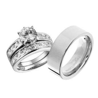   Sterling Silver Tungsten Round Princess CZ Wedding Ring Set  