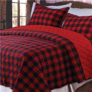 TWIN Rustic Lodge Cabin BLACK RED PLAID Quilt Sham Bedding Set  