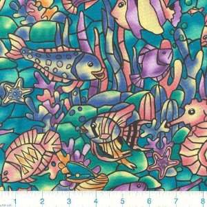  45 Wide Stained Glass Sea Creatures Teal Fabric By The 