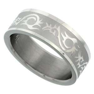  Surgical Steel Flat 8mm Wedding Band Ring Tribal Pattern 